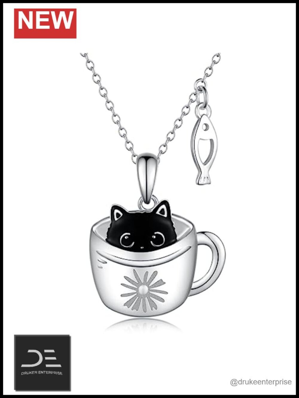 925 Sterling Silver Cute Black Cat Pendant Necklace